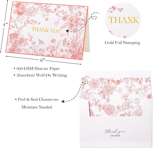 Crisky 25 Pack Pink Floral Thank You Cards with Envelopes, Gold Foil Wildflower Greeting Notes Bulk for Birthday, Baby Shower, Bridal Shower, Wedding, Graduation