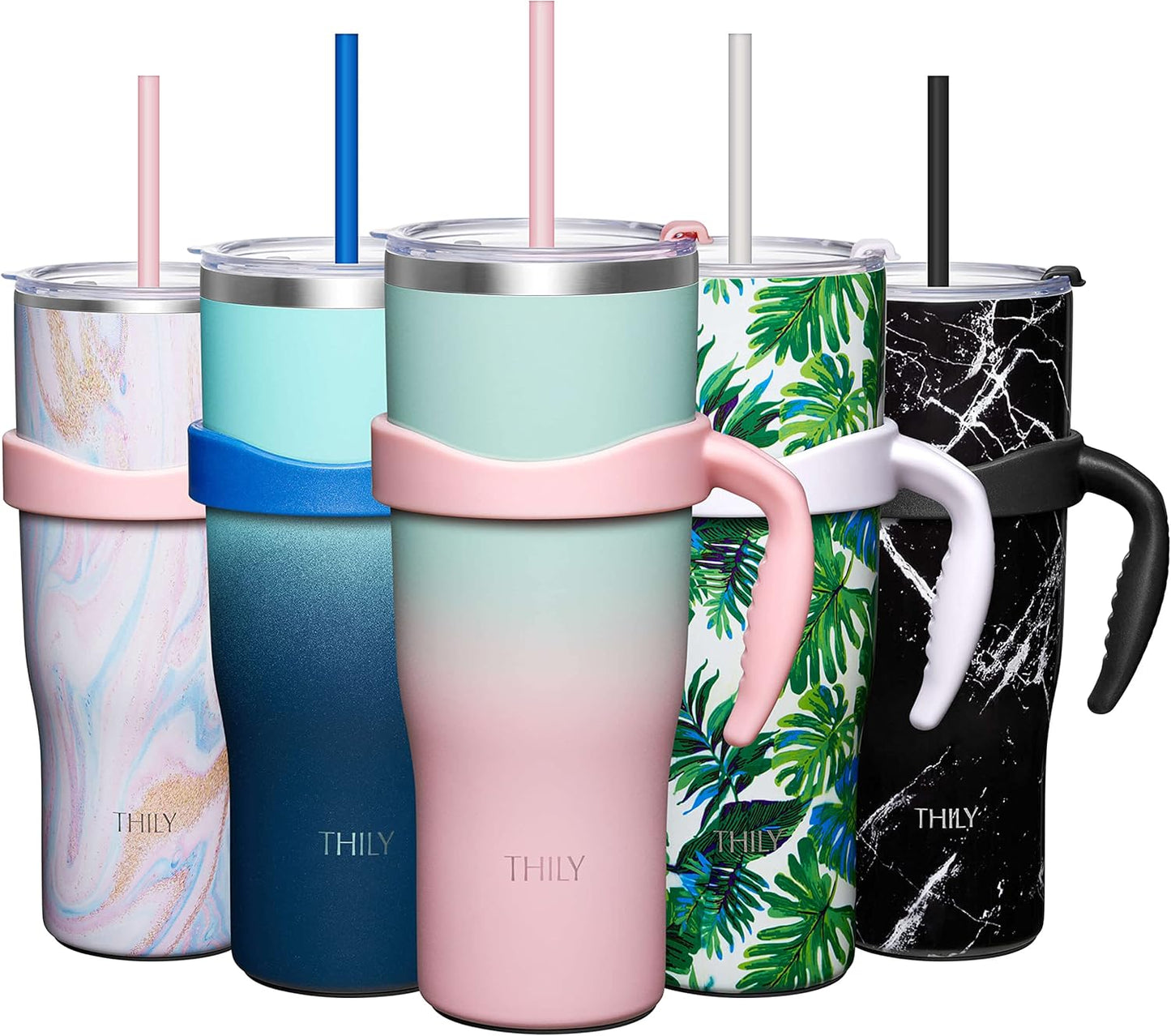 THILY 40 oz Insulated Tumbler with Handle - Stainless Steel Coffee Travel Mug with Lid and Straws, Keep Drinks Cold for 34 Hours or Hot for 12 Hours, Dishwasher Safe, BPA Free, Candy Pink