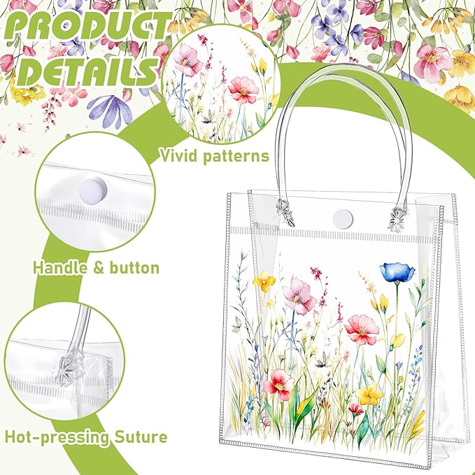 Tioncy 24 Pcs Wildflower Clear PVC Gift Bags Wildflower Baby in Bloom Baby Shower Party Favor Bags with Handles Candy Treat Basket for Wedding Birthday Baby Party Supplies