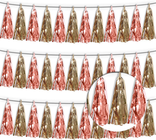 3P Rose Champagne Gold Tassel Banner Garland Metallic Foil Fringe Banner Tinsel Tassels Streamer Banner Backdrop for Parade Floats, Graduation Decorations, Wedding Party Decoration