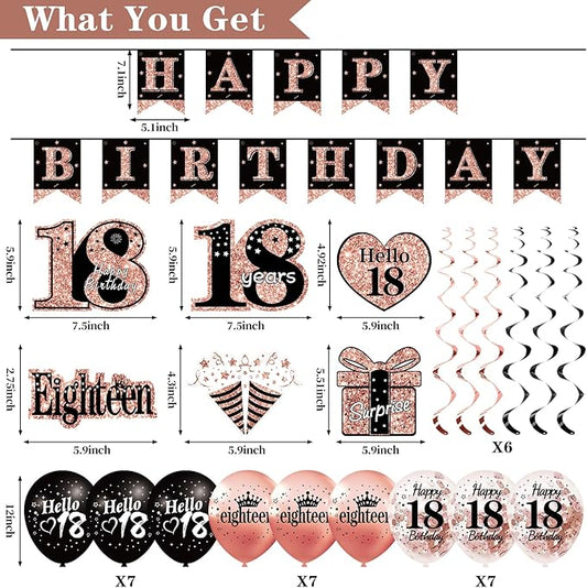 18th Birthday Decorations for Girls, 33pcs Black Rose Gold Happy 18th Birthday Banner 18 Birthday Crown and Sash Balloons Backdrop Hanging Swirls Paper Fans, 18 Years Old Party Supplies Kit