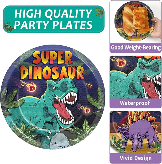 96 Pcs Super Dinosaur Plates and Napkins for Dinosaur Birthday Party Supplies Dino Movie Theme Paper Dessert Plates and Napkins Jungle Dino Tableware Set for Kids Boys 24 Guests Party Decorations