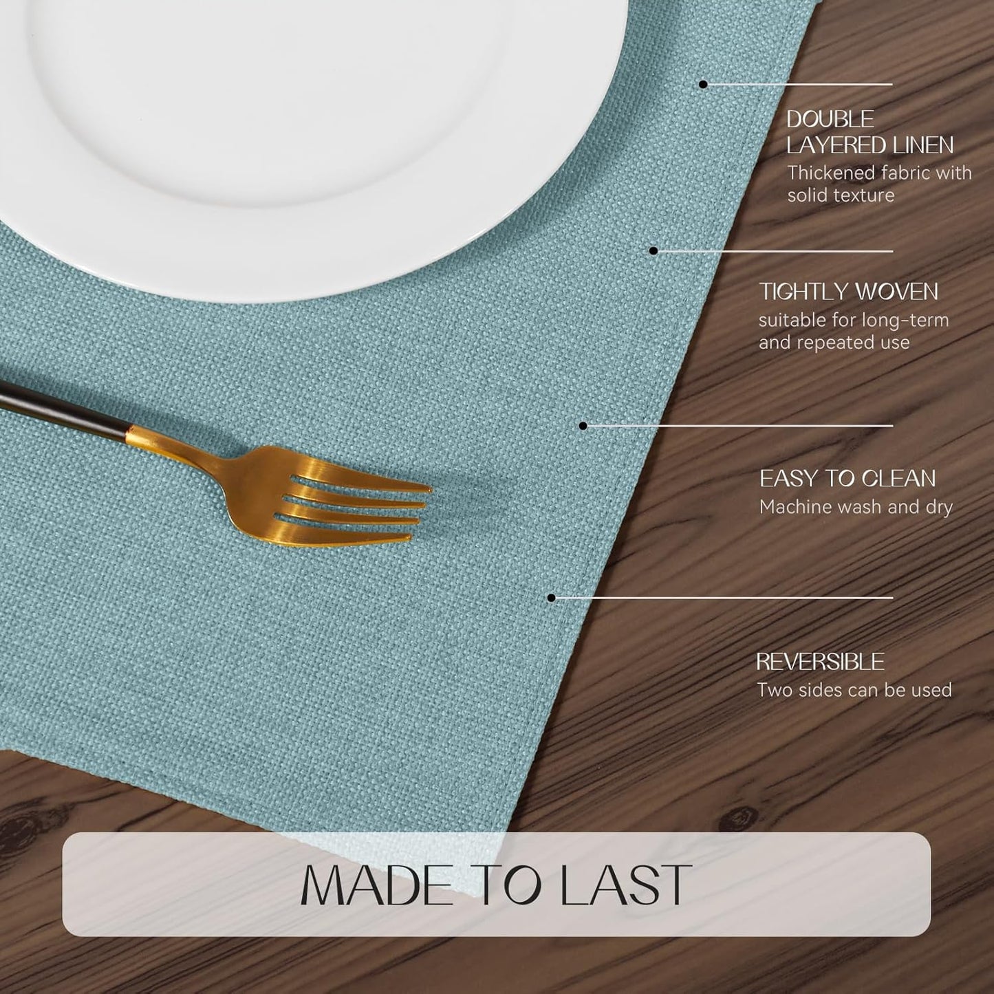 Romanstile Cloth Placemats Set of 6-12 x 18 Inch, Heat Resistant Double Layered Thickened Burlap Place Mats, Washable Linen Farmhouse Table Mats for Kitchen/Dining/Party/Outdoor, Teal