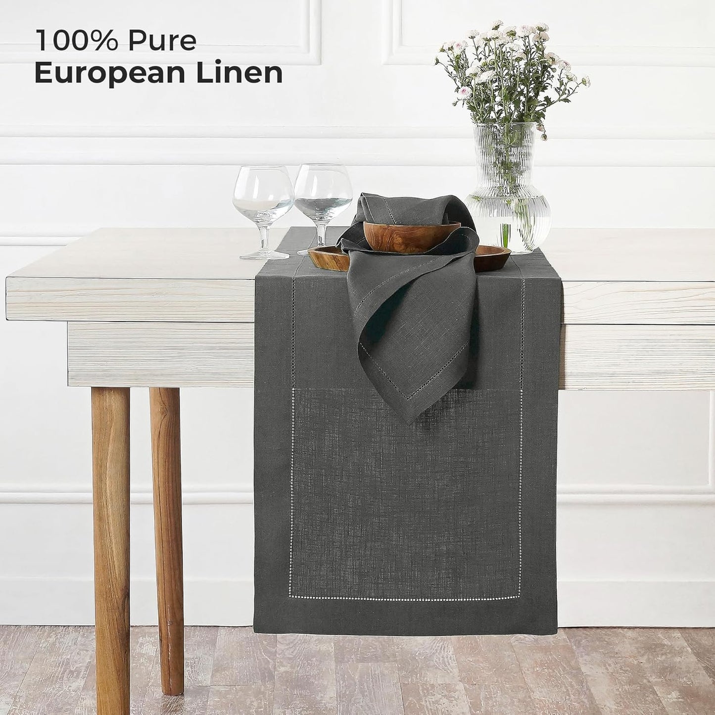 D'Moksha Homes Linen Charcoal Grey Table Runner 60 Inches - Classic Hemstitch, 100% Pure Linen Coffee Table Runner 14 x 60 Inch Ideal for Dresser Tables - Fall, Autumn and Halloween