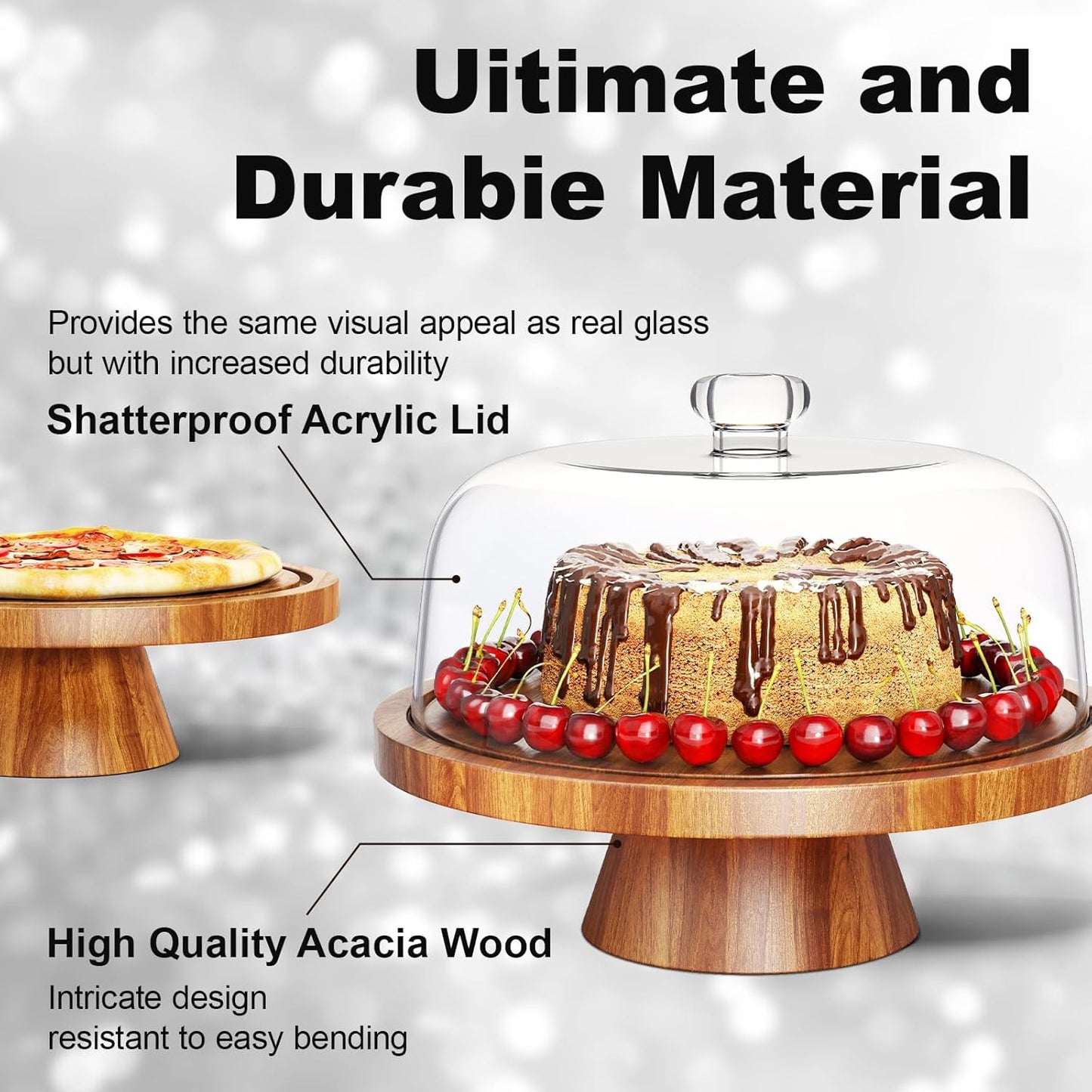 Acacia Wood Cake Stand with Lid - 12in Round Cake Holder, 2-in-1 Dessert Table Display Set & Charcuterie Board for Cheese, Chips & Dips, Nachos, Fruit Platter, Large Acrylic Cake Dome Cover
