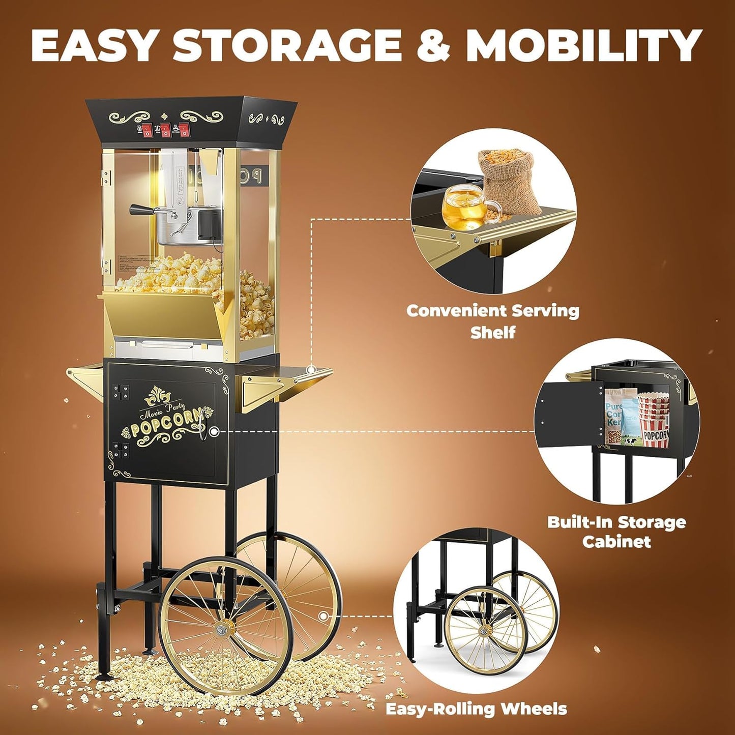 2025 Upgraded 12 oz Popcorn Machine Cart, Popcorn Maker Machine with Stainless-Steel Kettle Makes Up to 48 Cups, Movie Theater Pop Corn Machine with 3-Switch Control & Tempered Glass Doors, Black