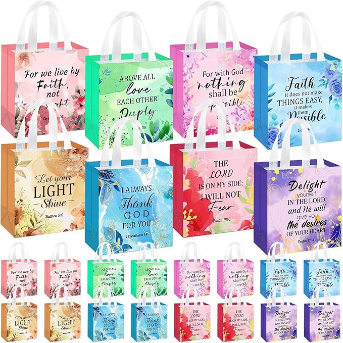 HunnmingRe 16 Pcs Christian Gift Bags Bulk, Easter Reusable Flower Religious Bible Verse Tote with Handles Non Woven Scripture Pastor Blessing Gift for Baptism Church Wedding Favors