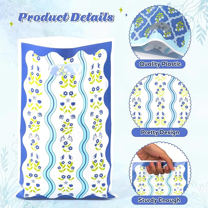 50Pcs Coastal Wavy Flower Party Favor Bag - Blue Floral Plastic Waterproof Goodie Bag Spring Vintage Rectangular Gift Pack for Kids Birthday Bachelorette Baby Shower Decor Garden Party Supplies