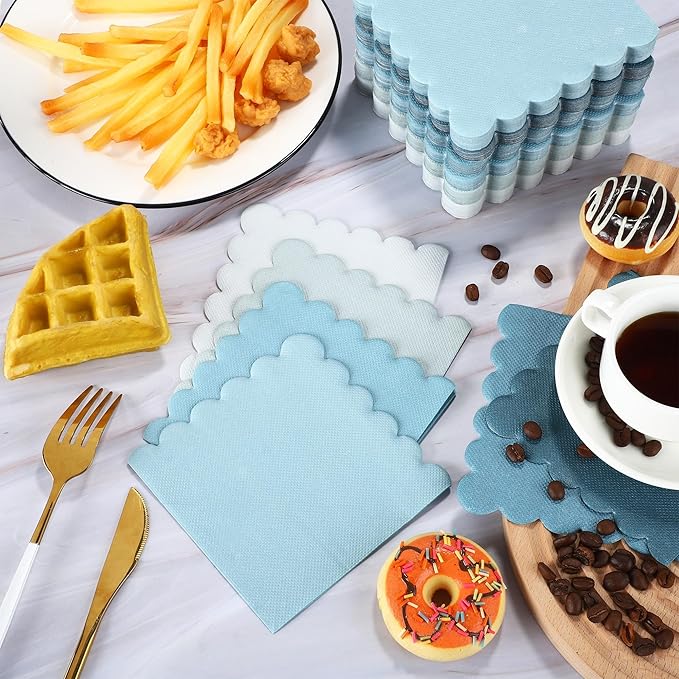 durony 150 Pack Scalloped Napkins 5 x 5 Inch Disposable Paper Napkins Gradient Color Napkins with Scalloped Edges for Dinner Wedding Birthday Party Supplies, Fog Blue