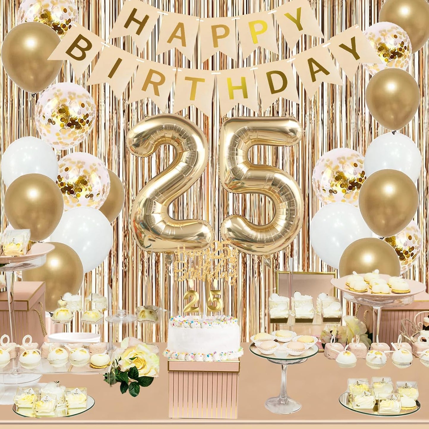 Trgowaul 25th Birthday Decorations for Women, Banner, Sash and Crown, Cake Topper, 25 Number Balloon, Fringe Curtains, Champagne Gold 25th Birthday Party Supplies