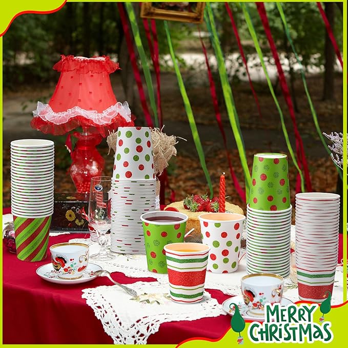 Funtery 100 Pieces Christmas Paper Cups Xmas Disposable Coffee Cups Red and Green Polka Dot Striped Christmas Cup Christmas Cups 9 oz Drinking Tea Paper Cups Christmas Cups for Daily Use Holiday Party