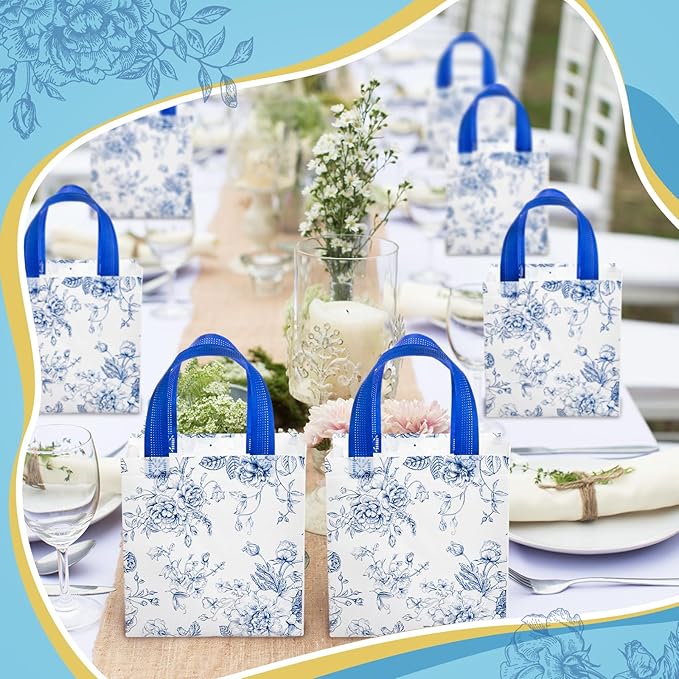 Sweetude 16 Pcs Bridesmaid Gift Bags Blue White Floral Gift Bags with Handle Flower Party Favor Non-woven Reusable Tote for Wedding Birthday Baby Shower Engagement DIY Shopping