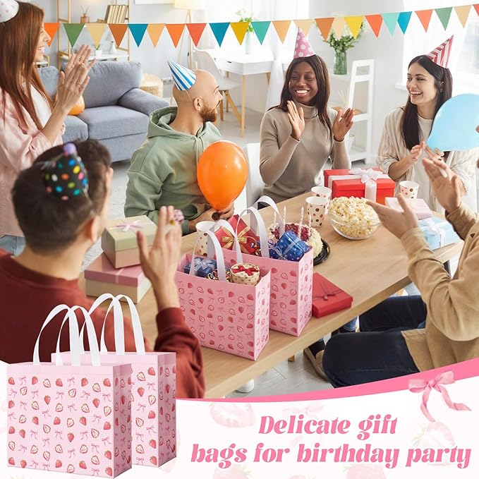 Abbylike 30 Pack Strawberry Bow Reusable Gift Bag Bulk Large Pink Bow and Sweet Strawberry Print Shopping Bag Tote Non Woven Tote for Women Wedding Birthday Baby Shower, 12.2 x 11.02 x 4.72 Inches