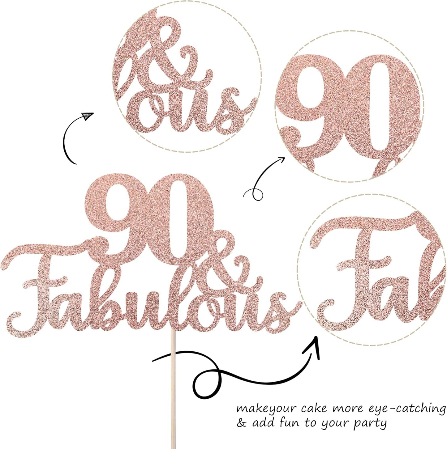 1 PCS 90 & Fabulous Cake Topper Glitter Ninety and Fabulous Cake Toppers Happy 90th Birthday Cake Pick for 90th Wedding Anniversary Birthday Party Cake Decorations Supplies Rose Gold