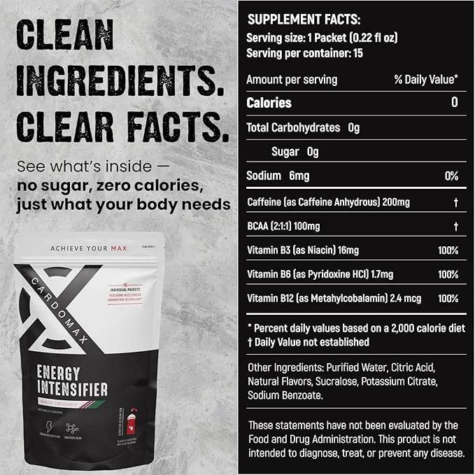 CardoMax - Energy Drink Packets - Liquid Preworkout for Men & Women Caffeine Packets with BCAA, Vitamin B12, Vitamin B6 & B3 - Sugar-Free, Zero Calorie, Vegan & Keto - 15 Stick Packs - Wavecrusher