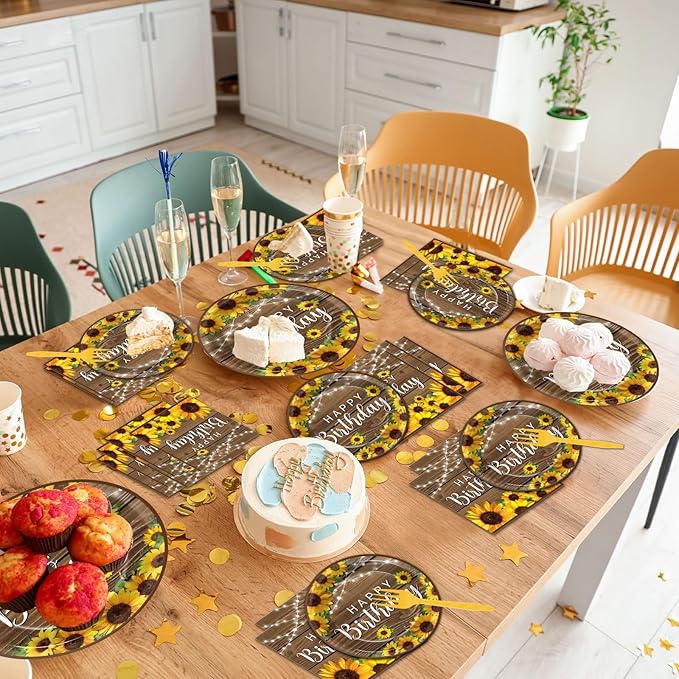 96Pcs Sunflower Birthday Party Supplies Sunflower Birthday Paper Plates Napkins Wood Grain Themed Party Decorations Wood Grain Dinnerware Party Favor Tableware Serves 24