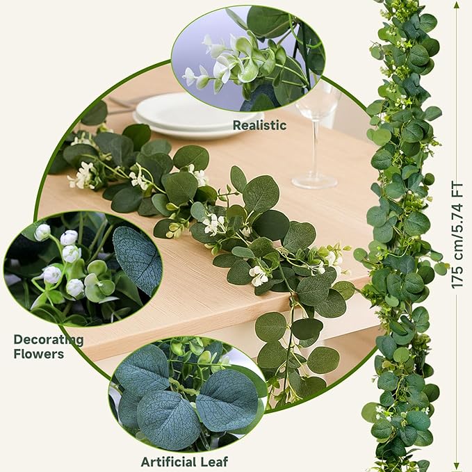 4 Packs 5.74 Ft Artificial Eucalyptus Garland Leaves with Flowers Artificial Fake Greenery Hanging Vines for Wedding Table Home Stairs Decor Decorations Garland for Mantle
