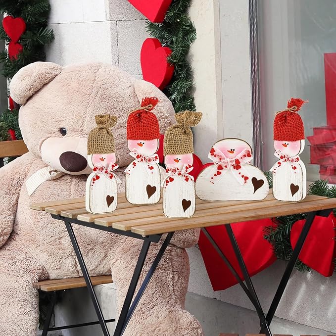 6 Pcs Valentines Day Wood Snowman Table Decorations Winter Snowman Tabletop Block Sign Rustic Farmhouse Xmas Tiered Tray Decor for Christmas Winter Holiday Home Office Shelf Party Decor