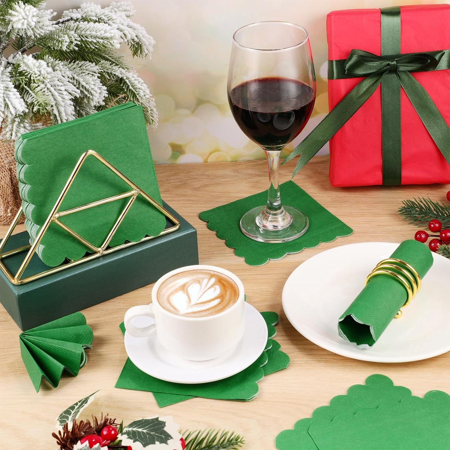 120 Pcs Green Napkins,Scalloped Christmas Napkins Green Beverage Dessert Napkin for Christmas Birthday Wedding Baby Shower, 5 x 5 Inch