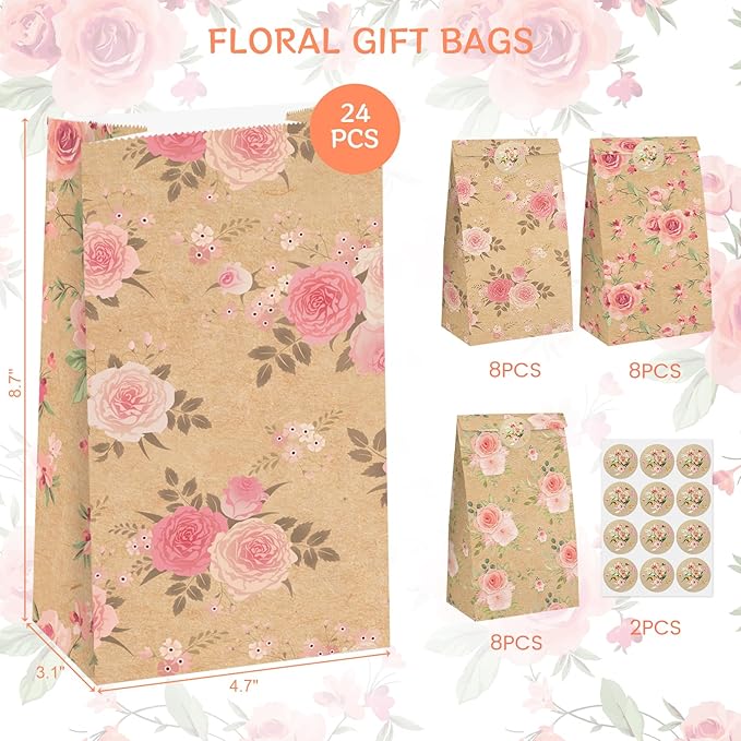 VGOODALL 24 Pack Party Favor Bags, 4.7x3.1x8.7 Inch Small Gift Bags with Stickers Floral Party Favor Treat for Birthday Baby Shower Wedding Gift Packaging Supplies