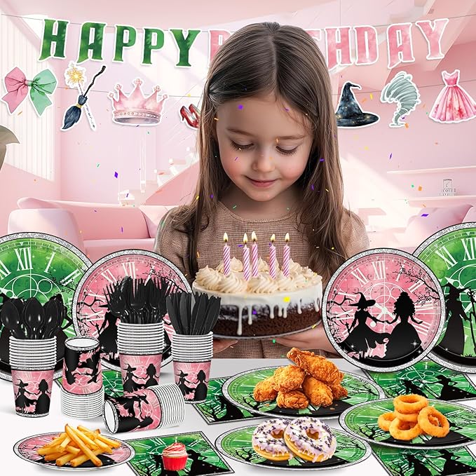 169Pcs Pink and Green Witch Birthday Decorations, Include Plates Napkins Cups Banner Knives Forks Spoons, Serve 24