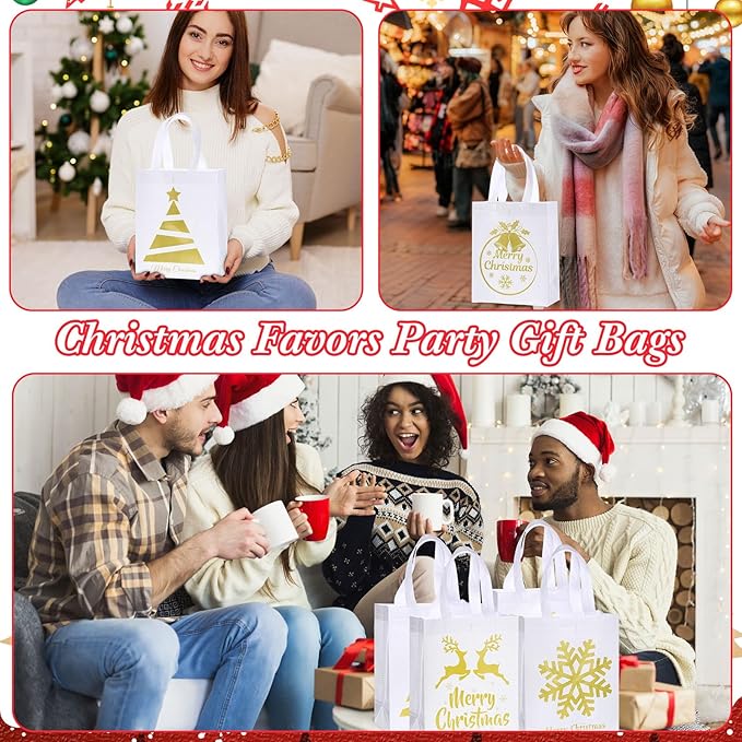 Wesnoy 24 Pcs Christmas Gift Bags Bulk 10 x 8 x 4 Inch Christmas White Gold Non Woven Party Favors Goodies Candy Bags with Handles for Holiday Gift Birthday Party Supplies