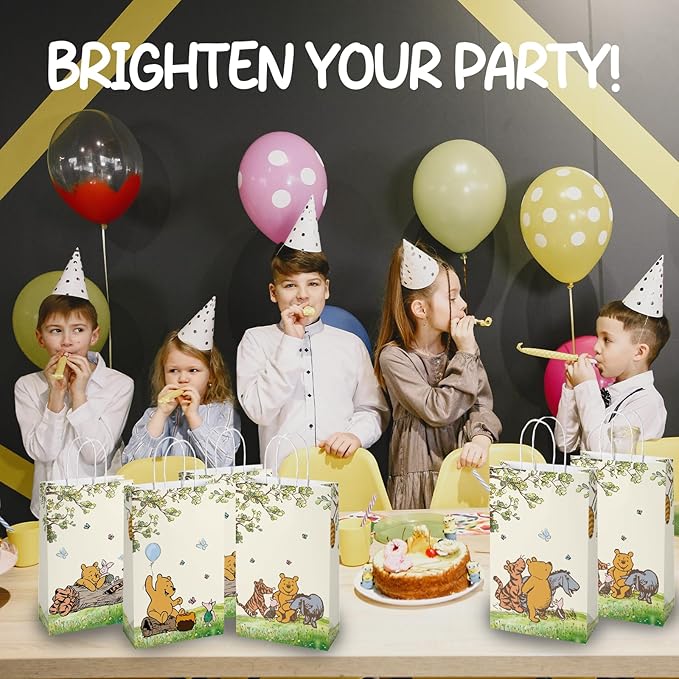 wjrsxilt Winnie Treat Bags - 16 PCS Paper Goodies Candy Bags Classic Bear Party Bag for the Pooh Baby Shower Present Bag Kids Party Decorations Supplies Decor