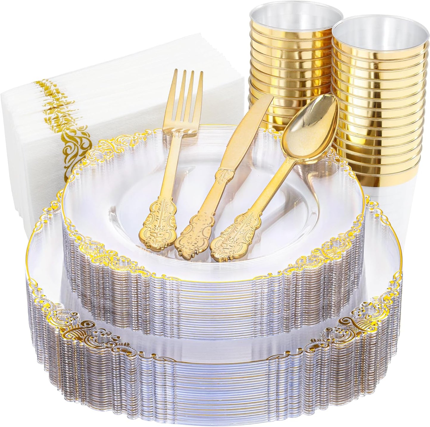 Nervure 175PCS Clear Gold Plastic Plates - Gold Disposable Dinnerware Set for 25 Guests Include 50 Disposable Plates, 75 Plastic Silverware, 25 Cups, 25 Napkins for Wedding & Party & Thanksgiving