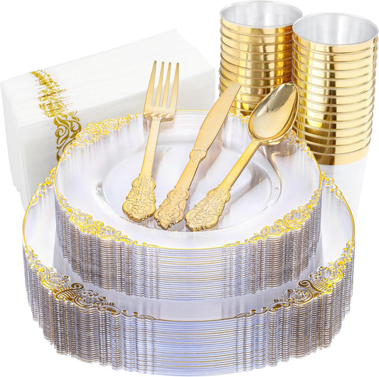 Nervure 175PCS Clear Gold Plastic Plates - Gold Disposable Dinnerware Set for 25 Guests Include 50 Disposable Plates, 75 Plastic Silverware, 25 Cups, 25 Napkins for Wedding & Party & Thanksgiving