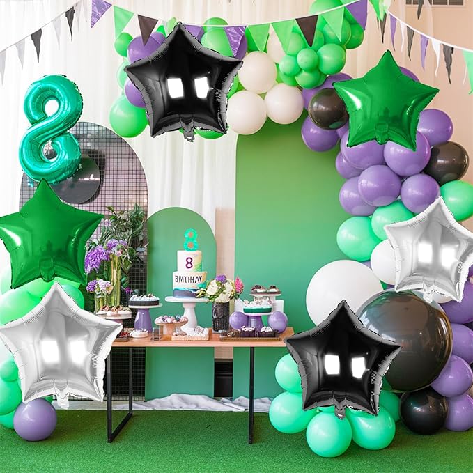 Green Black Silver Star Foil Balloons, 10PCS Foil Stars Shape Balloon, 18 Inch Metallic Pentagram Balloons Helium for Boys Men, Graduation, Baby Shower, Football Soccer Game Birthday Party Decoration