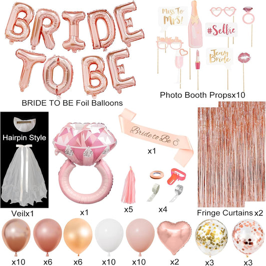 Amandir Bachelorette Party Decorations Supplies, Rose Gold Bridal Shower Decorations Bride To Be Pink White Gold Confetti Foil Heart Balloons, Veil, Photo Booth Props, Fringe Curtains, Paper Tassels