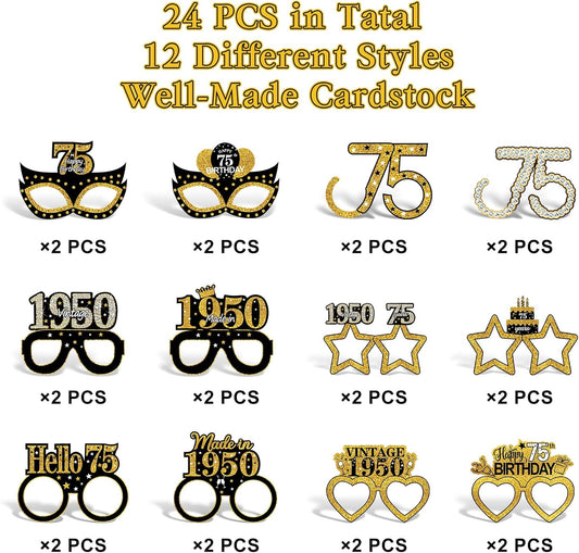 24Pcs 1950 75th Birthday Paper Glasses Decorations for Men Women - Black Gold Happy 75th Birthday Paper Eyeglasses Photo Props, Vintage 1950 Seventy-Five Years Old Birthday Party Supplies