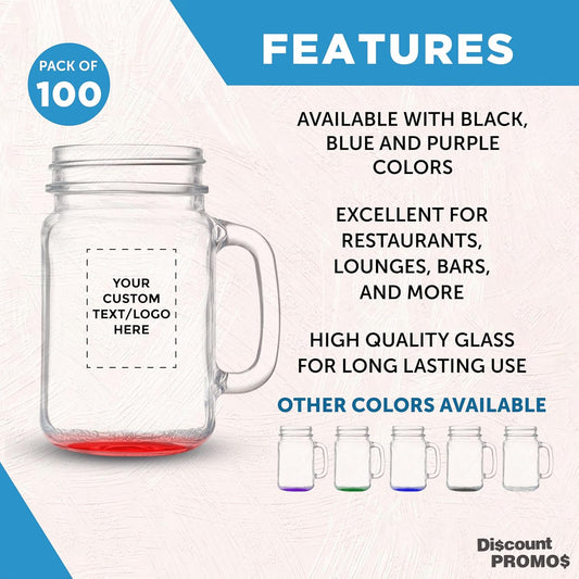 DISCOUNT PROMOS Custom Libbey Mason Jars w/Handles 16 oz. Set of 100, Personalized Bulk Pack - Traditional style, High standard - Red