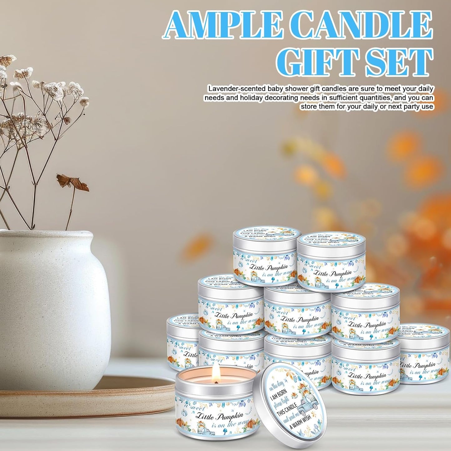 MTLEE 24 Pcs Thanksgiving Little Pumpkin Baby Shower Party Favors Candles Lavender Scented Baby Shower Favors for Guests Rustic Tealights Candles Gender Reveal Return Gifts Girl Boy(Blue, 1.2 Oz)