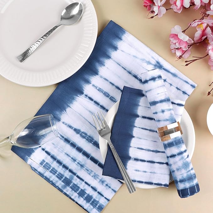 FINGERCRAFT Cloth Napkins Set of 6 Cotton Blend Tie Dye 20x20 Inch Large Size Dinner Napkins Cloth Perfect for Parties Dinners Weddings Cocktail Christmas Easter Royal Blue Stripe