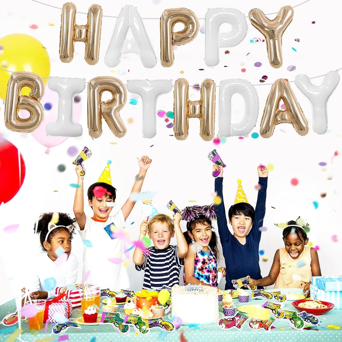 TONIFUL Happy Birthday Balloons Banner 16 Inch Mylar Foil Letters Birthday Sign Reusable for Girls Boys Kids & Adults Birthday Party Decorations Supplies（Champagne Gold White）