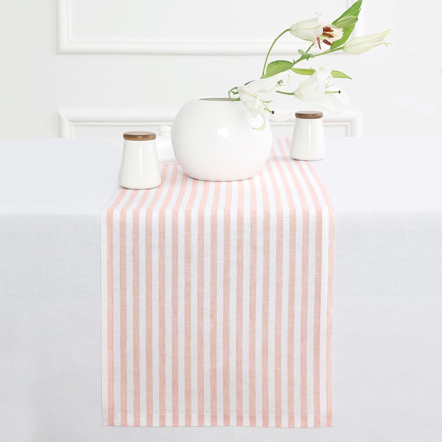 Solino Home Striped Linen Table Runner 36 Inches - Amalfi Stripe, 100% Pure Linen Coral and White Small Table Runner 14 x 36 Inch Ideal for Dresser and Coffee Tables