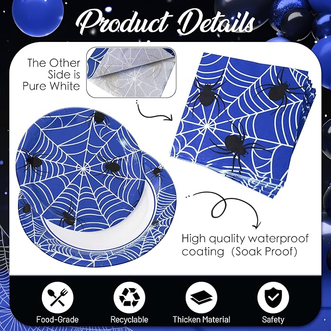 75pcs Spider Party Supplies, 25 Guest Disposable Blue Paper Plates & Napkins, Tableware Decorations Favors, Including 9" & 7" Plates & Napkins for Halloween, Birthday, Parties, and Everyday Use