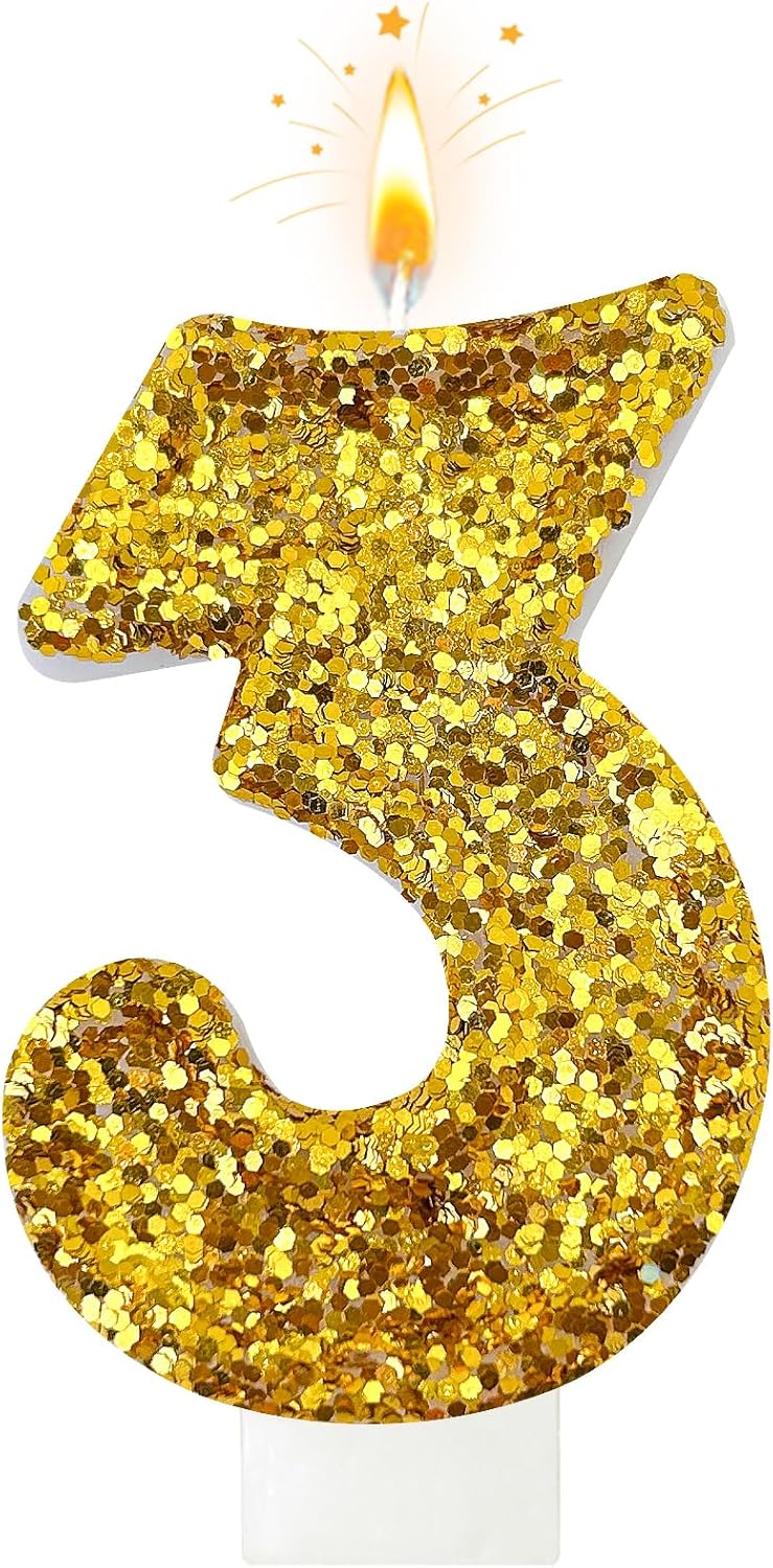 Birthday Number Candles, Glitter Number Candle Cake Decorations with Sequins, Cupcake Decorations for Girls, Women, Party Anniversary Celebrations (Number 3, Golden)