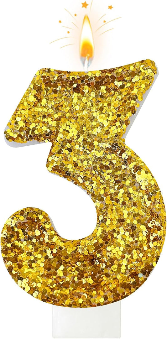 Birthday Number Candles, Glitter Number Candle Cake Decorations with Sequins, Cupcake Decorations for Girls, Women, Party Anniversary Celebrations (Number 3, Golden)