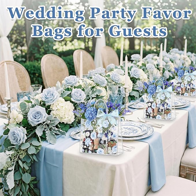 Wesnoy 24 Pcs Clear Floral Gift Bags with Handles Rose Blue Flower PVC Treat Tote Bag for Tea Birthday Party Wedding Bridal Shower Bachelorette Anniversary Engagement Guests, 7.8 x 7.8 x 3.2 Inch