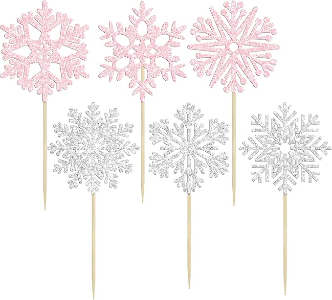36Pcs Snowflake Cupcake Toppers Glitter Winter Frozen Theme Snowflake Cupcake Pick Decorations for Baby Shower Kids Birthday Christmas Party Decorations Supplies Light Pink Silver