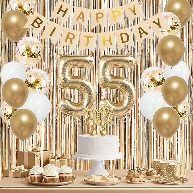 Trgowaul 55th Birthday Decorations for Women, Banner, Sash and Crown, Cake Topper, 55 Number Balloon, Fringe Curtains, Champagne Gold 55th Birthday Party Supplies
