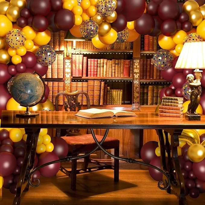 Amandir 170Pcs Magical Wizard School Balloons Arch Garland Kit, Different Sizes 18 12 10 5 inch Burgundy Yellow Gold Confetti Balloon for Birthday Baby Shower Halloween Party Decorations Supplies