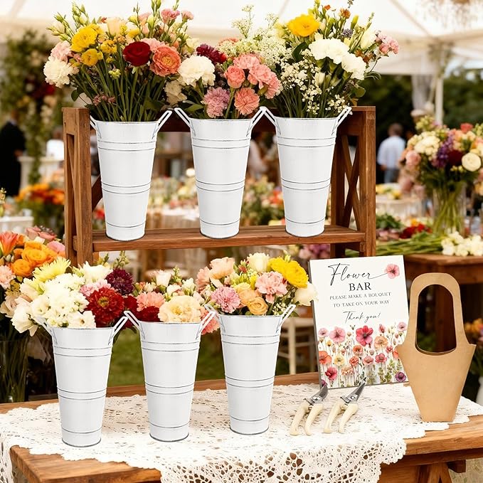 LEIFIDE 39 Pcs Flower Bar Buckets Set Kit Bloom Bar Supplies Include Wood Sign Gift Bags Iron Bucket Garden Flower Shears for Valentine Days Wedding Bridal Shower Table Centerpieces (White)