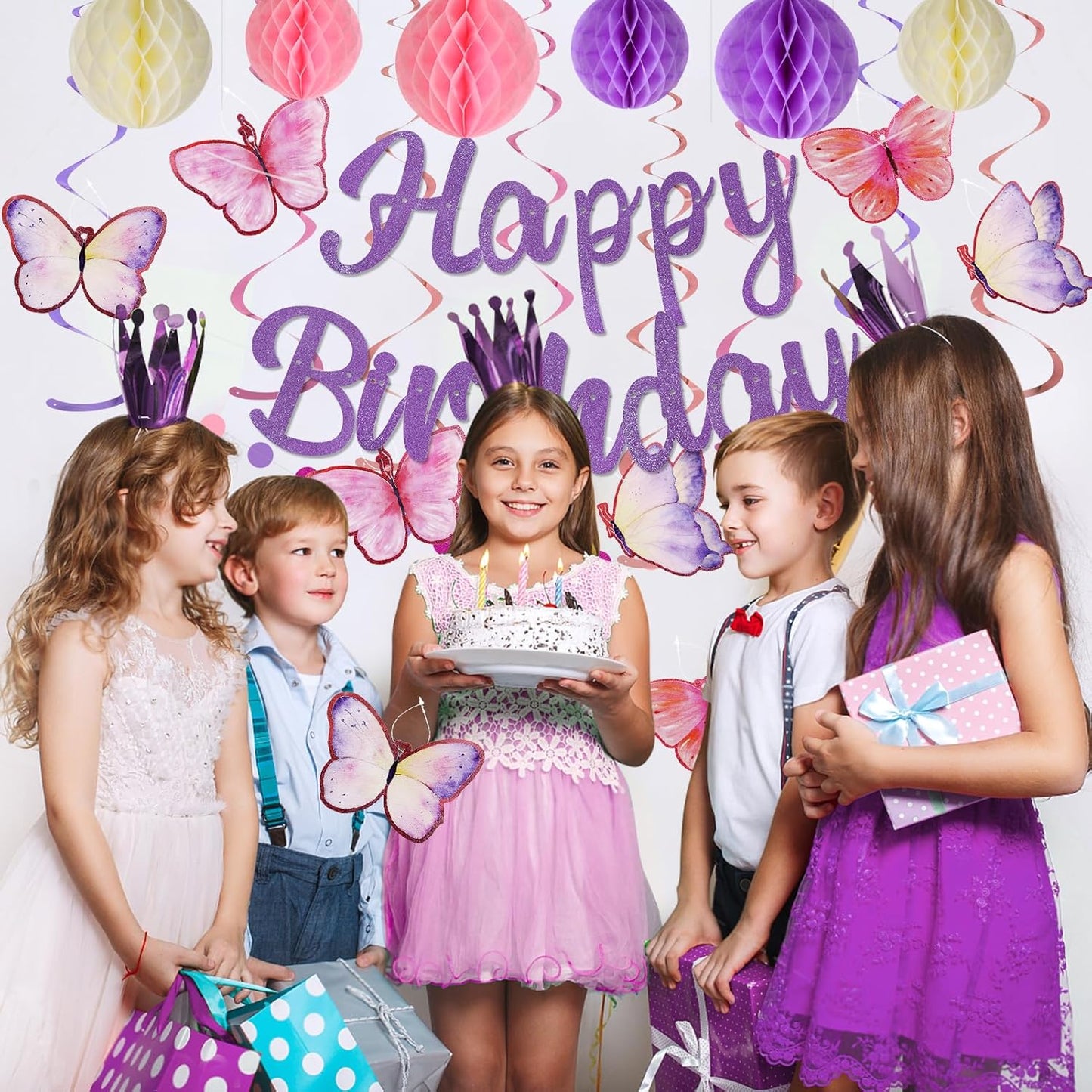 Birthday Decorations, NO DIY, Pre-Strung Happy Birthday Banner with Honeycomb Balls, Hanging Swirls, Circle Dots Garland, Happy Birthday Party Decorations for Women Men Boys Girls (Purple)