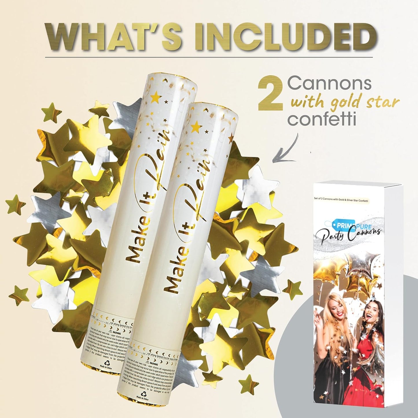 PrimePure Confetti Cannon Party Poppers - Gold Star Confetti Poppers - 2 Pack - New Years Party Cannon - Gold Glitter Stars Pop Gun for NYE 2026, Wedding, Birthday, Celebration, Events, Pranks