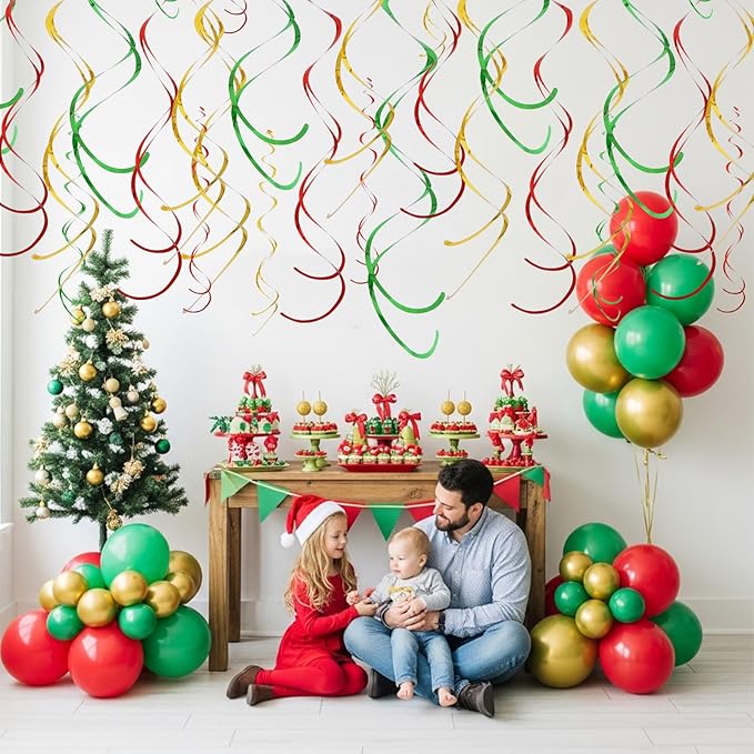 BEISHIDA Red Green Gold Hanging Swirls Party Decorations Plastic Streamer for Christmas Hanging Ornament Decorations, Christmas Wedding Graduation Party Supplies, Pack of 24