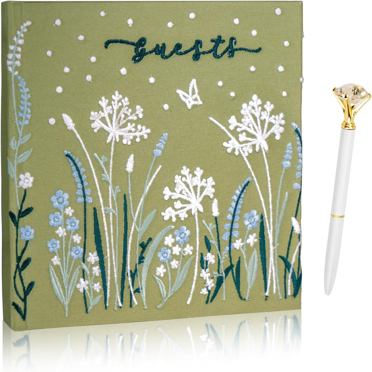 Embroidered Wedding Guest Book—The Perfect Polaroid Guest Book for Wedding Receptions, Birthdays, Baby Showers, and Special Events with 3 Photo corner stickers+ 3 DIY pens+1 Diamond Pen (green)