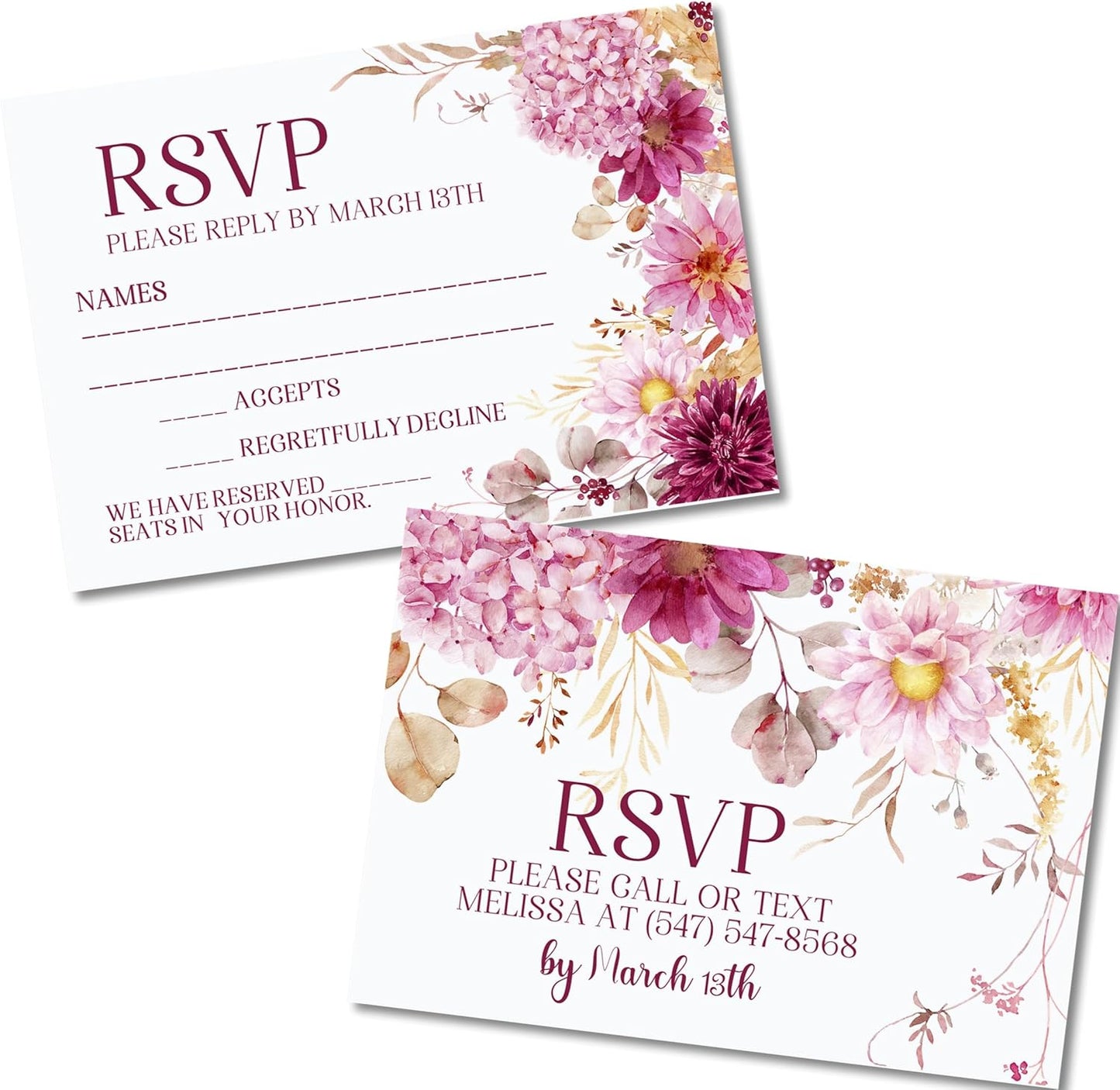 Pink Wedding Invitations, Shades of Pink Floral, Personalized, Set of 12 Invitations with Envelopes